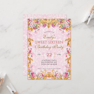 Rosa Pastel Guld Sweet sixteen Rococo Birthday Inbjudningar