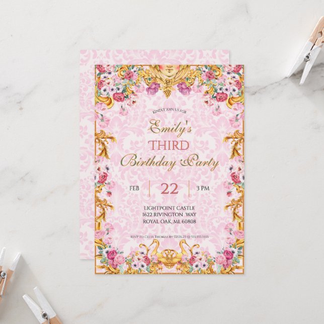 Rosa Pastel Guld Tredje Baroque Rococo Birthday Inbjudningar (Fram/Back In Situ)