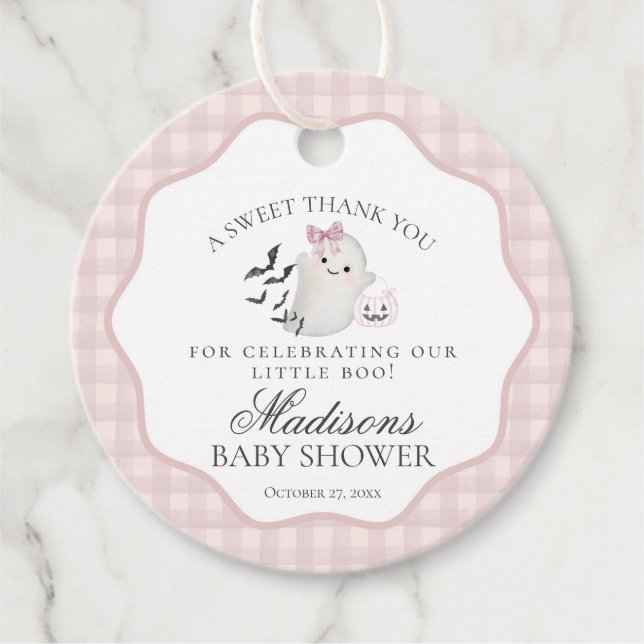 Rosa Pastel Little Boo Ghost Baby Shower Circle Gåvor Etiketter (Framsida)