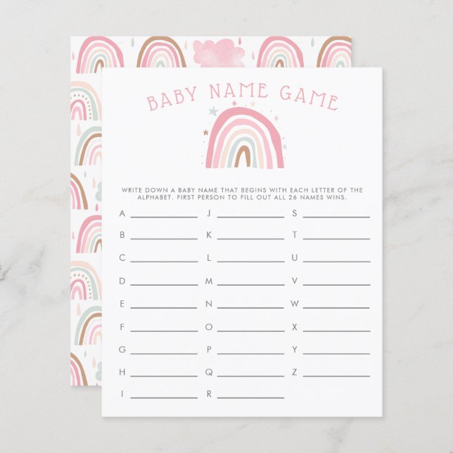 Rosa Pastel Rainbow Baby Namn Shower Game (Fram/baksida)