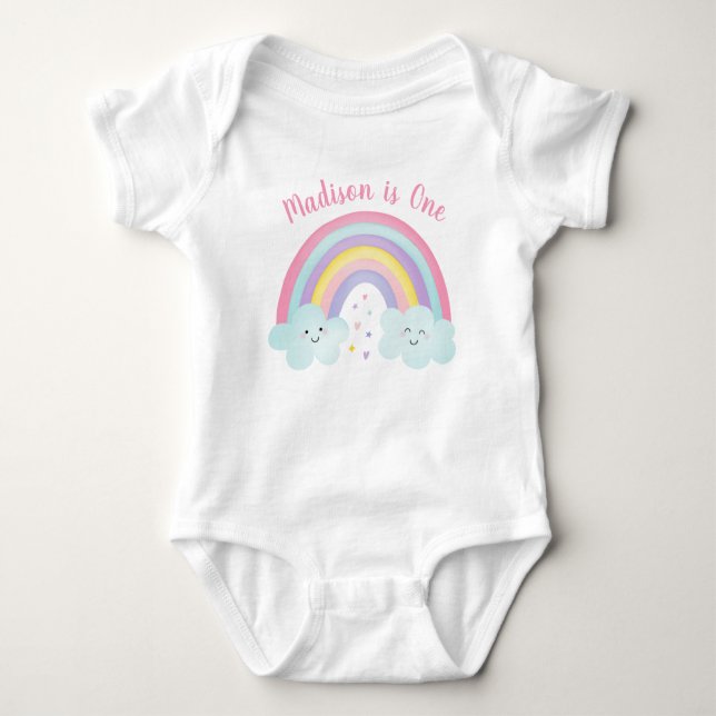 Rosa Pastel Rainbow Clouds första födelsedag T Shirt (Framsida)