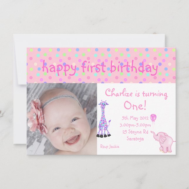 rosa pastel spot zoo-födelsedatum inbjudan (Framsida)