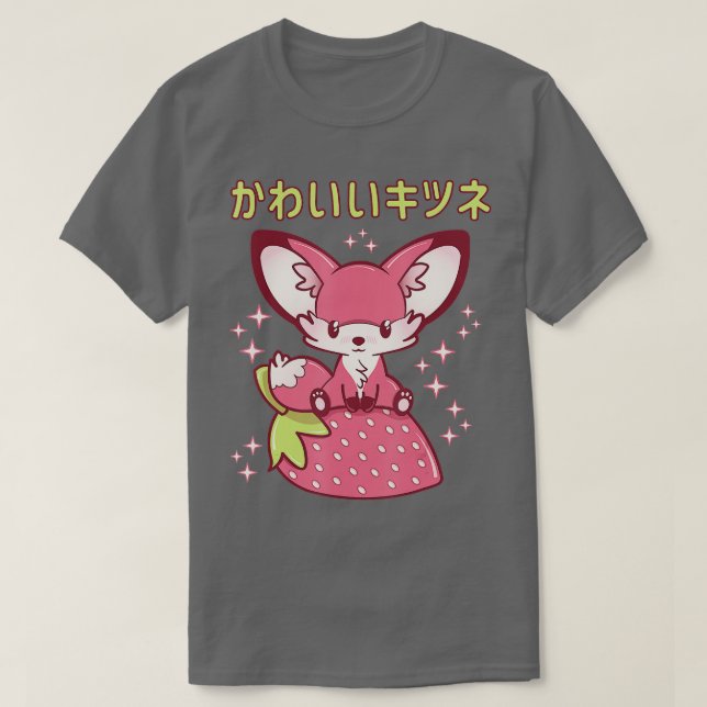 Rosa Pastel Strawberry Fox Japansk Kawaii Rosa Go T Shirt (Design framsida)