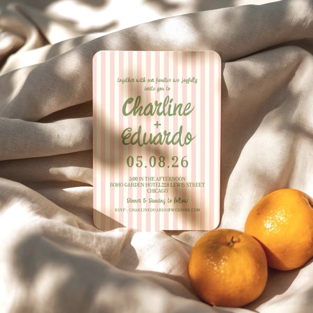 Rosa Pastel Stripe Whimsical Wedding bjudande Inbjudningar (Skapare uppladdad)