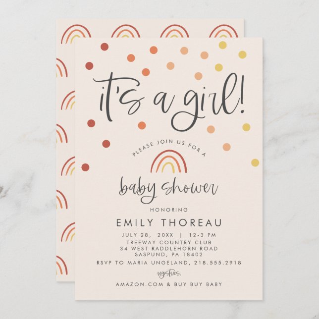  Rosa Pastel Terracotta Rainbow Det är en flicka Inbjudningar (Fram/baksida)