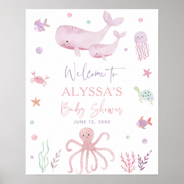 Rosa Pastel under Sea Baby Shower Välkommen Poster (Framsidan)