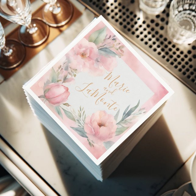 Rosa Pastel Watercolor Blommigt Bröllop Napkins Pappersservett (Pink Pastel Floral Watercolor Wedding Napkins)