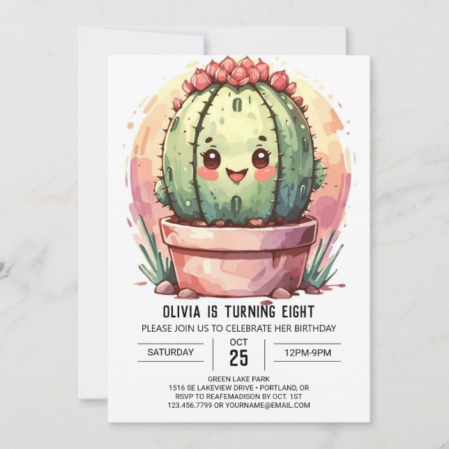 Rosa Pastel Watercolor Cactus Girl Birthday Inbjudningar (Framsida)