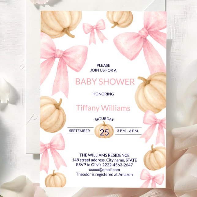 Rosa Pastel Watercolor Pumpkin bow ribbon Inbjudningar (Pink bow little pumpkin girl baby shower invitation )