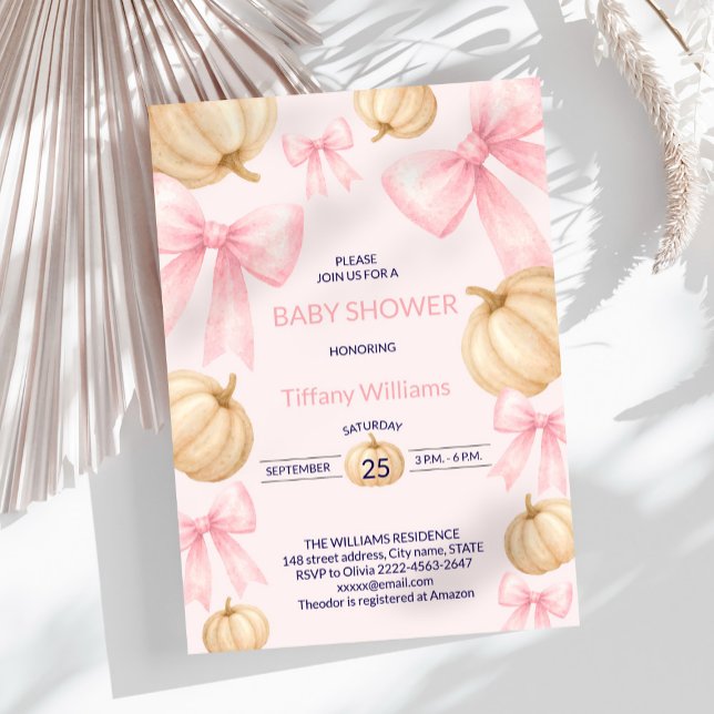 Rosa Pastel Watercolor Pumpkin bow ribbon Inbjudningar (Pink bow little pumpkin girl baby shower invitation )