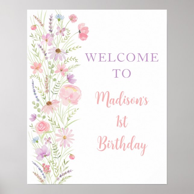 Rosa Pastel WildblomBaby Shower Välkommen Poster (Framsidan)