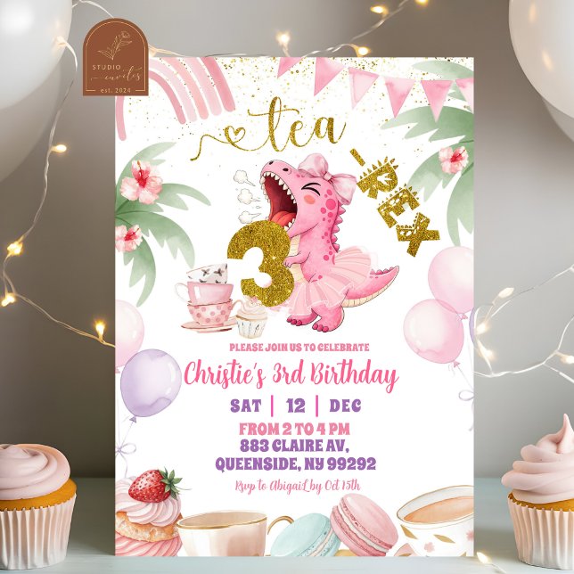 Rosa Pastell Dinosaurie tea-rex 3-års födelsedag Inbjudningar (Skapare uppladdad)