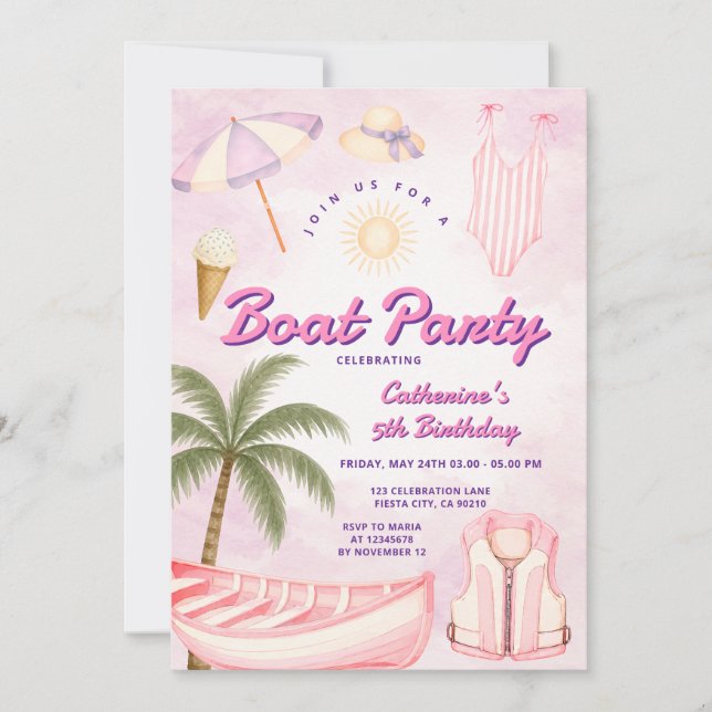 Rosa Pastell Flicka Båt Fest Sommar Födelsedag Tem Inbjudningar (Framsida)