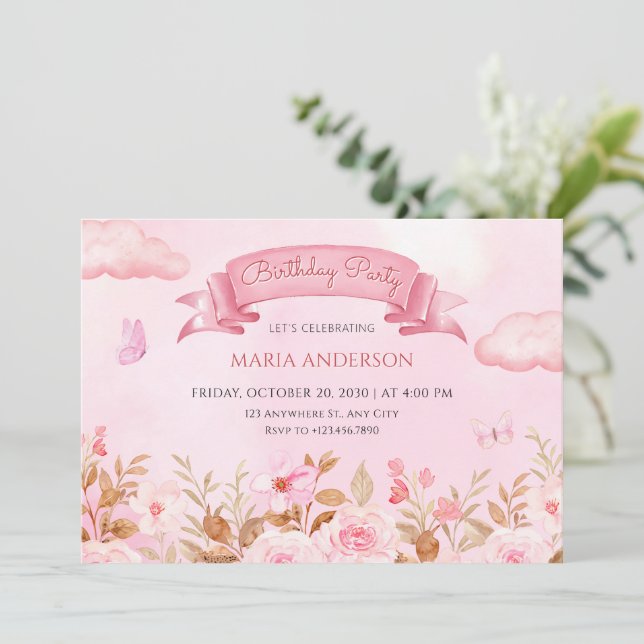 Rosa pastell vattenfärg blomsterträdgård  inbjudningar (Stående Fram)
