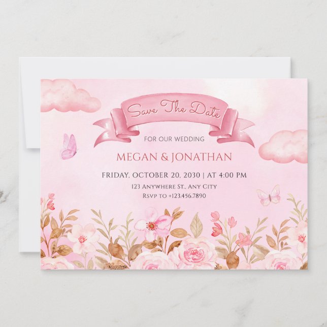 Rosa pastellfärgad blommigt trädgårdsbröllop spara datumet (Framsida)