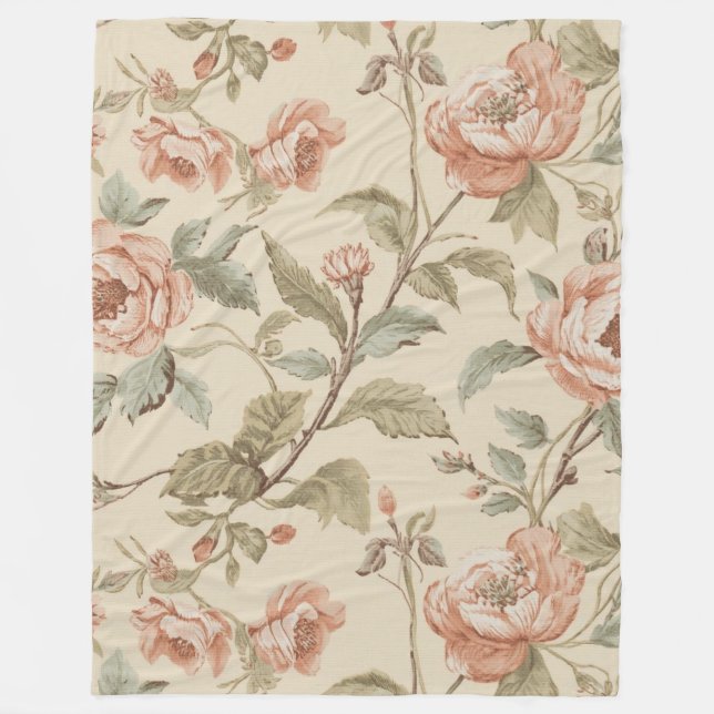 Rosa Pastellgrön Beige Shabby Chic Blommig Fleecefilt (Framsidan)