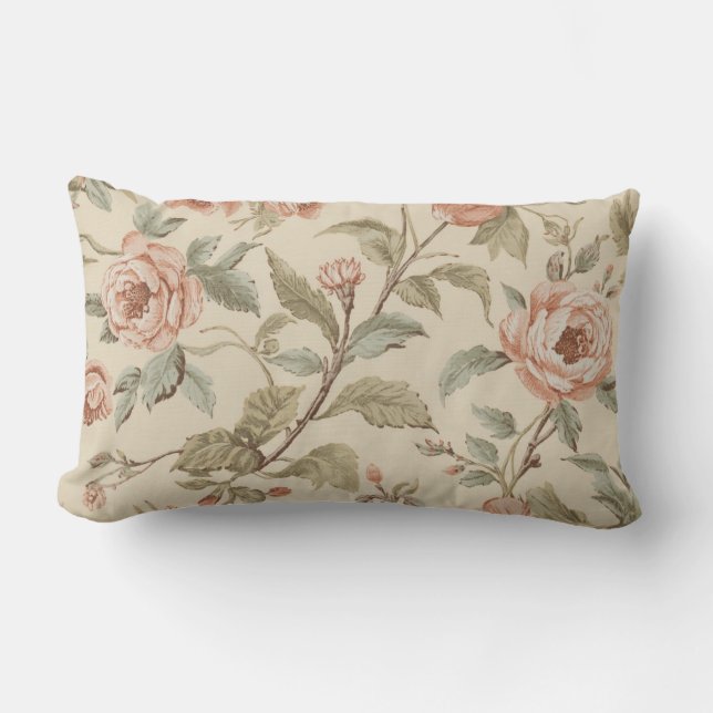 Rosa Pastellgrön Beige Shabby Chic Blommig Lumbarkudde (Framsida)