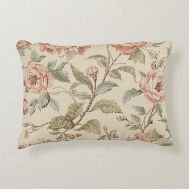 Rosa Pastellgrön Beige Shabby Chic Blommig Prydnadskudde (Framsidan)