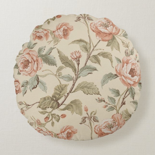 Rosa Pastellgrön Beige Shabby Chic Blommig Rund Kudde (Framsidan)