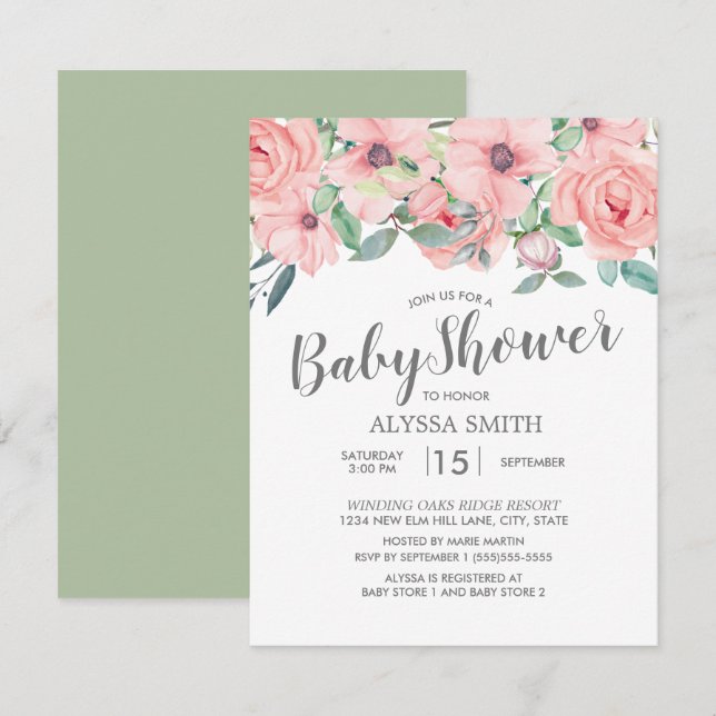 Rosa pastellgrön blomster Baby Shower Inbjudningar (Fram/baksida)