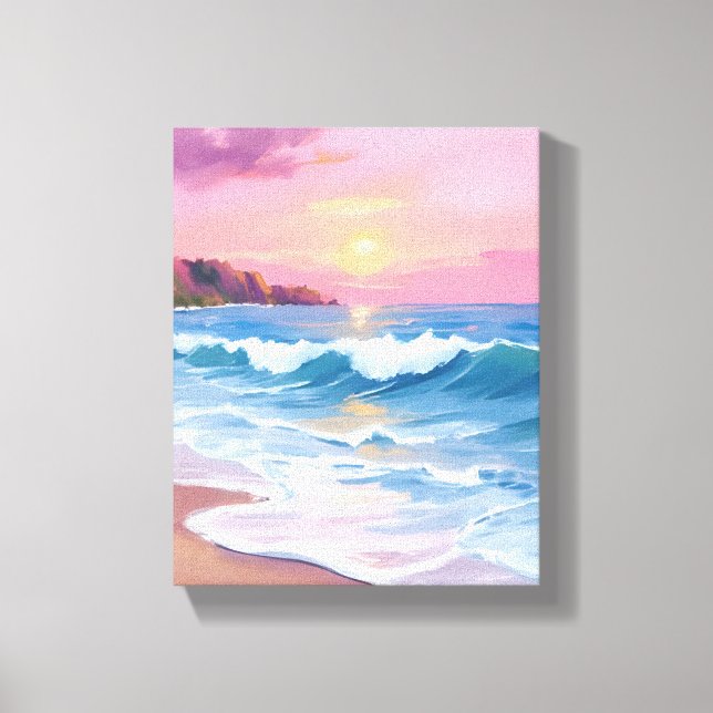 Rosa pastellhimlar | Ocean vattenfärg vågor på str Canvastryck (Framsida)
