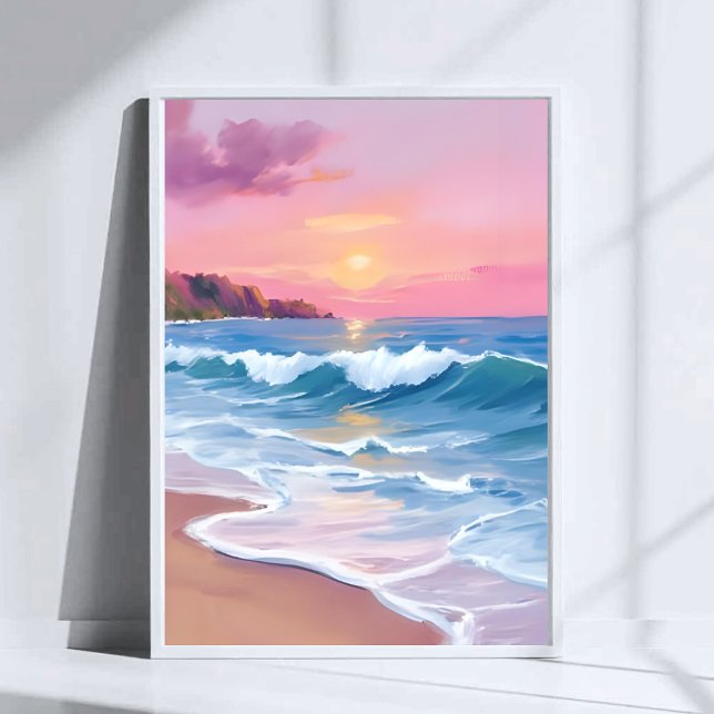 Rosa pastellhimlar | Ocean vattenfärg vågor på str Poster (Skapare uppladdad)