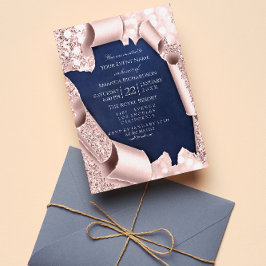 Rosa Pastellrosa Pudervitt 3D Ram Blå Marinblå Inbjudningar