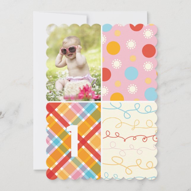 Rosa Patchwork Dot Mönster Girl Photo 1st Birthday Inbjudningar (Framsida)