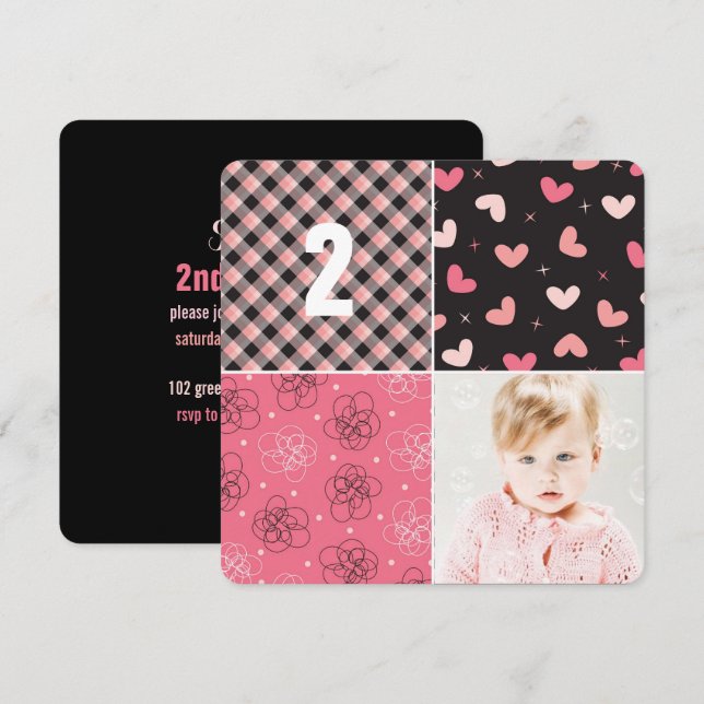 Rosa Patchwork Mönster Squares Girl Birthday Inbjudningar (Fram/baksida)