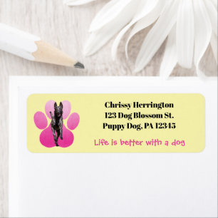 Rosa Pawprint On Gult / belgiskt malinois Hund Returadress Etikett