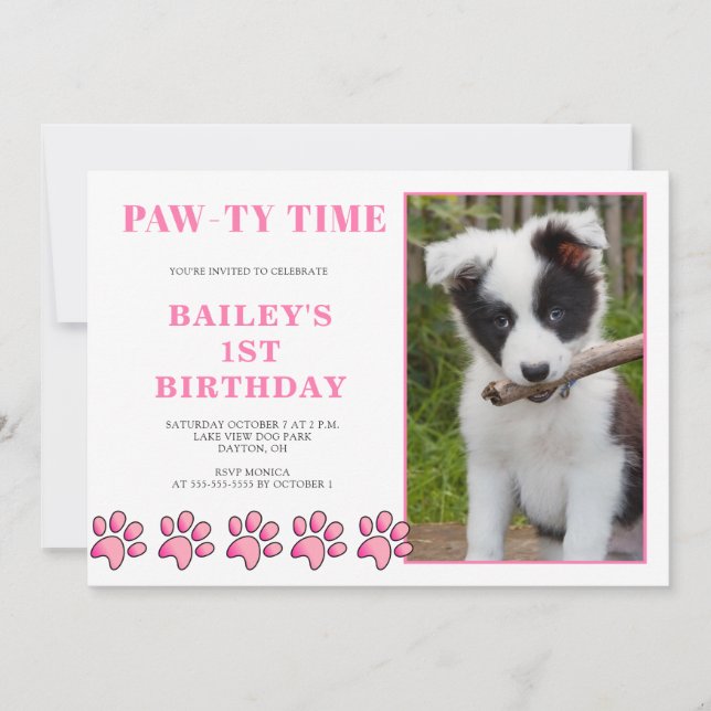 Rosa Pawty Time Hund Birthday-inbjudan Inbjudningar (Framsida)