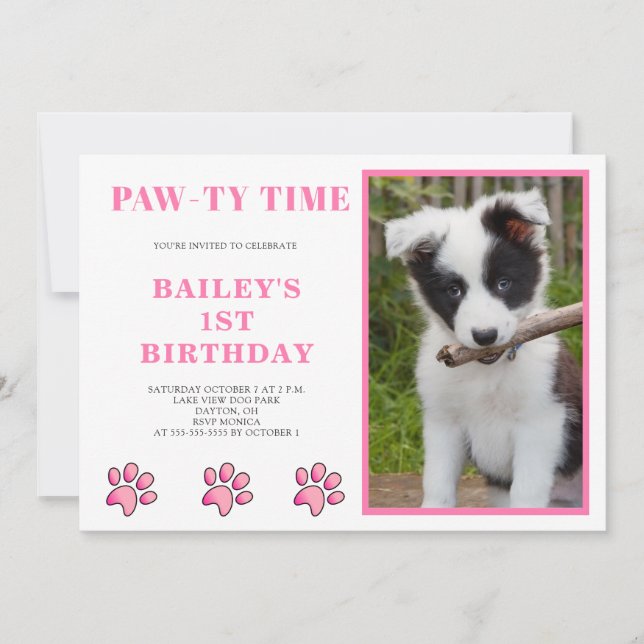 Rosa Pawty Time Hund Birthday Inbjudningar (Framsida)