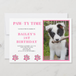 Rosa Pawty Time Hund Birthday Inbjudningar