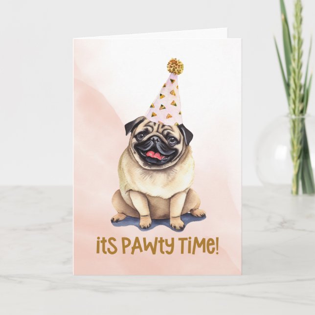 Rosa Pawty Time Pug Watercolor Kort (Framsida)