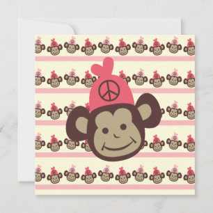 Rosa Peace Monkey-Anpassningsbar, födelsedagsinbju Inbjudningar