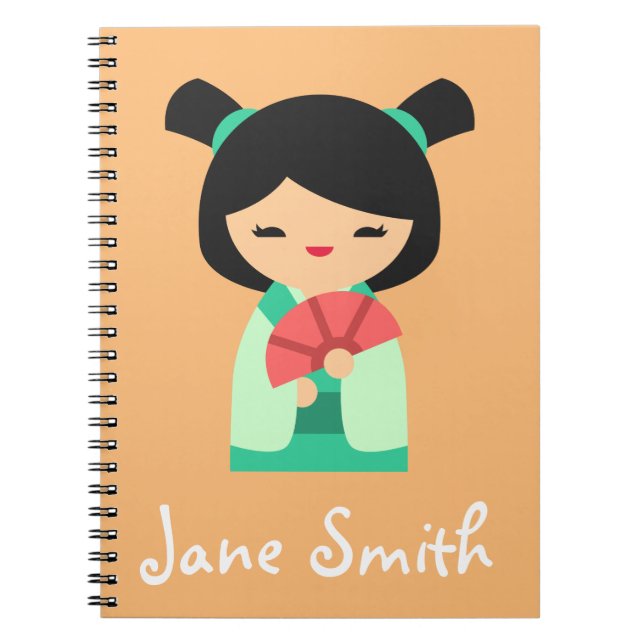 Rosa Peach aqua Kokeshi Japanska dockor Anteckningsbok (Framsidan)