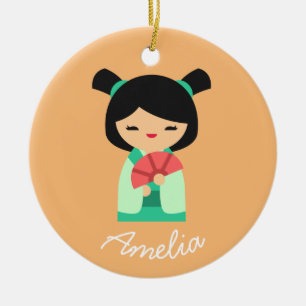 Rosa Peach aqua Kokeshi Japanska dockor Julgransprydnad Keramik