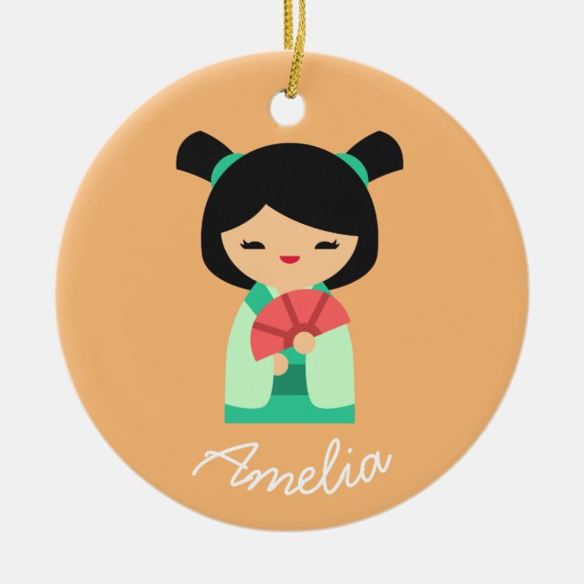 Rosa Peach aqua Kokeshi Japanska dockor Julgransprydnad Keramik (Framsidan)