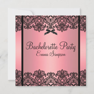 Rosa Peach & Black Damask Snöre Bachelorette Inbju Inbjudningar