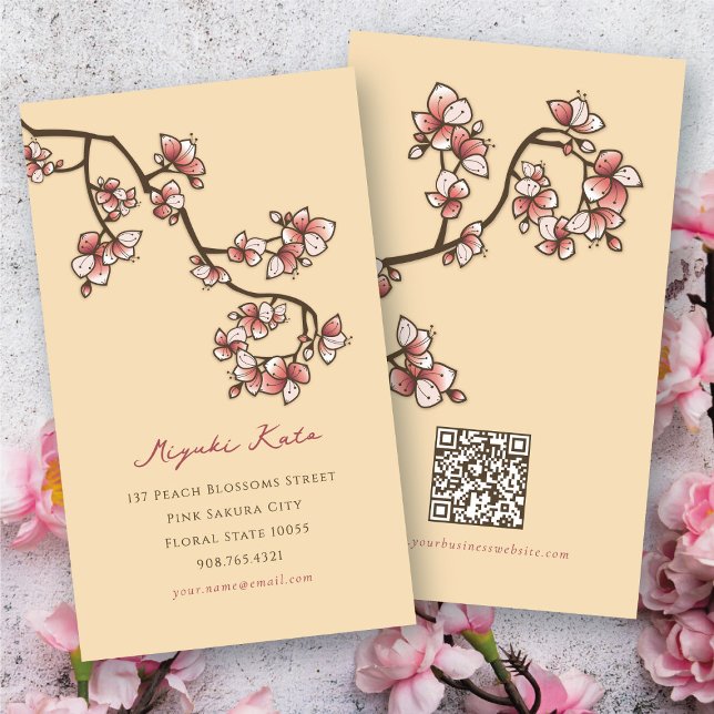 Rosa Peach Blommar Elegant Blommigt Vår blommor Visitkort (Oriental Pink Peach Blossoms Elegant Chic Sakura Spring Flowers Business/Profile Card @ fat_fa_tin)