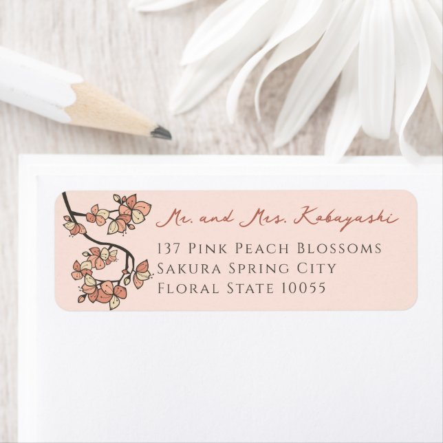 Rosa Peach Blommars Flowers Asian Bröllop Adress Returadress Etikett (Insitu)