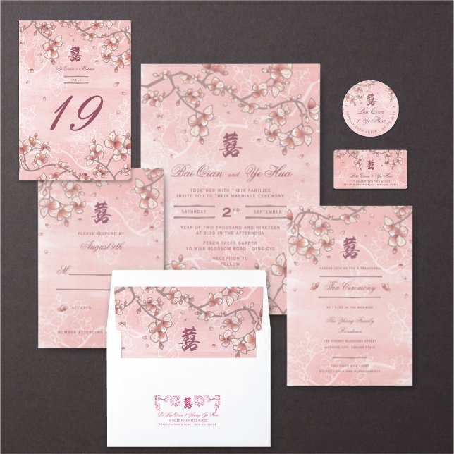 Rosa Peach Blommars Romantiska Blommigtar Asiatisk OSA Kort (ETERNAL LOVE PINK PEACH/PLUM BLOSSOMS ELEGANT FLORAL CHINESE WEDDING COLLECTION @ fatfatin_red_knot)