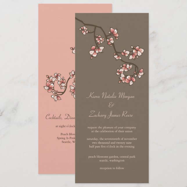 Rosa Peach Blommars Sakura kinesisk bröllopsinbjud Inbjudningar (Fram/baksida)