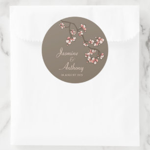 Rosa Peach Blommars Sakura Modern Asian Bröllop Runt Klistermärke