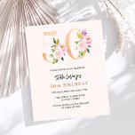 Rosa Peach blommigt 50-årsbudgetinbjudan<br><div class="desc">En modern,  snyggt och glamorös inbjudan till 50:e födelsedagsfesten. En persiko-färgadens bakgrund. Orderat med formnummer i faux guld och rosa. Namn är skrivet med ett modernt handskript i stil. Anpassa och lägg till information om party. 1 lakan = 1 inbjudan tryckt kant till kant.</div>