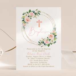 Rosa Peach Blommigt Baptism Guld Ram Inbjudningar
