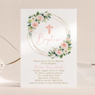 Rosa Peach Blommigt Baptism Guld Ram Inbjudningar