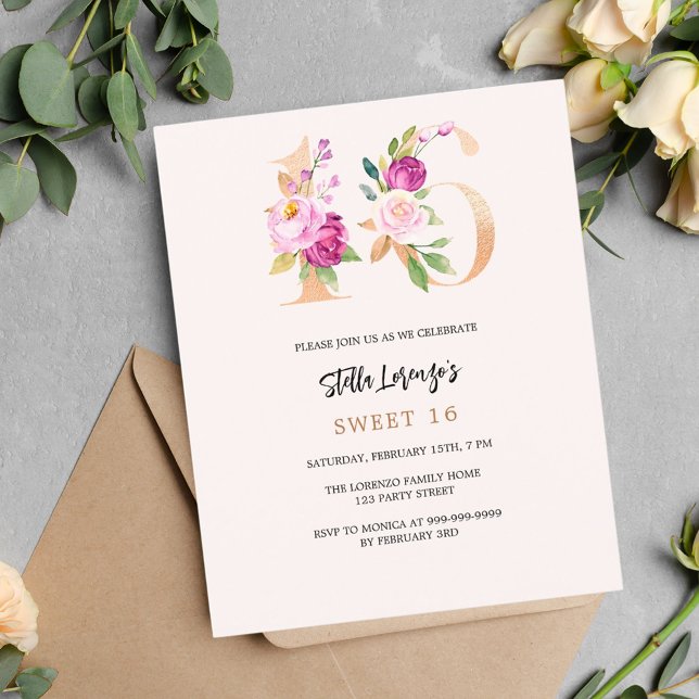 Rosa Peach blommigt guld Sweet 16 budgetinbjudan (Skapare uppladdad)