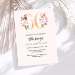 Rosa Peach blommigt nummer guld 60 födelsedagsljux Inbjudningar<br><div class="desc">En modern,  snyggt och glamorös inbjudan till en 60:e födelsedagsfest. En persiko-färgadens bakgrund. Orderat med formnummer i faux guld och rosa. Namn är skrivet med ett modernt handskript i stil. Anpassa och lägg till information om party.</div>