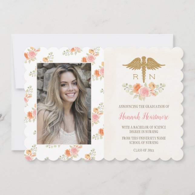 Rosa Peach Blommigt Nursing School Grad Announceme Meddelande (Framsida)